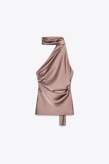 Zara SATIN EFFECT HALTER SCARF TOP - Light pink