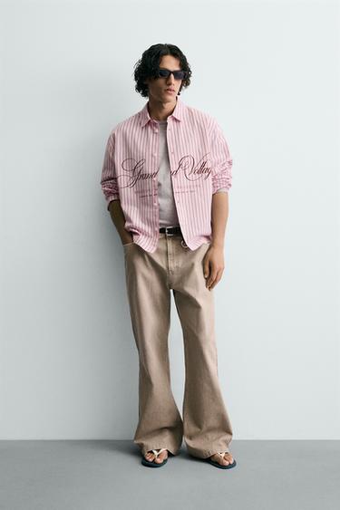 Zara 寬版格紋標語襯衫 - 粉紅色