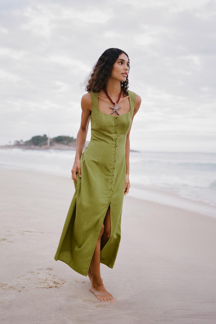 VESTIDO MIDI CON LINO Aceite ZARA España