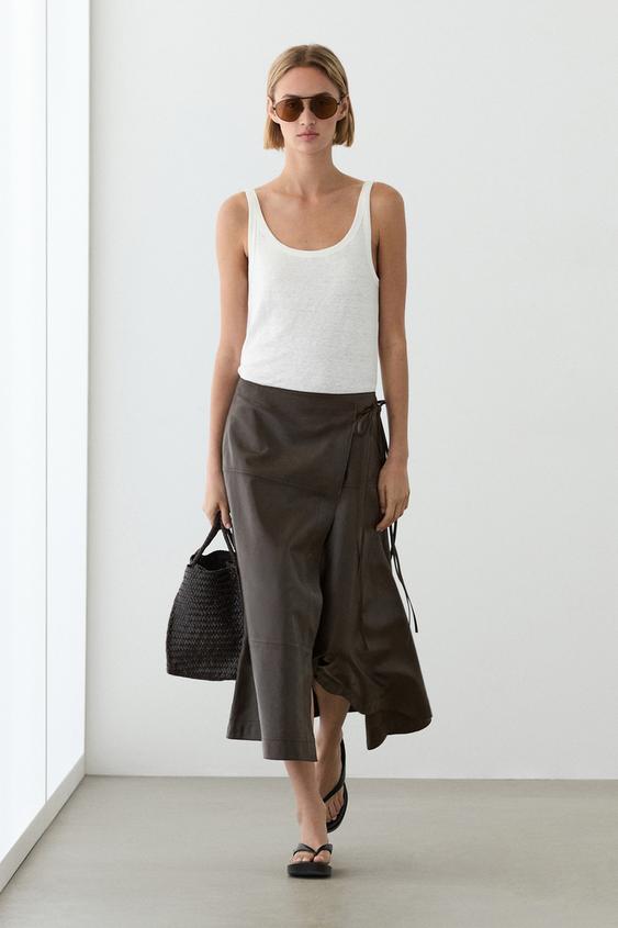 Zara Nappa leather midi skirt with tie detail