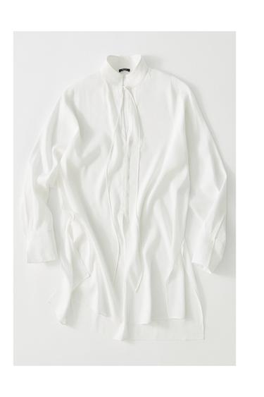 Chemisier fluide col officier en lin - Blanc cassé de Zara