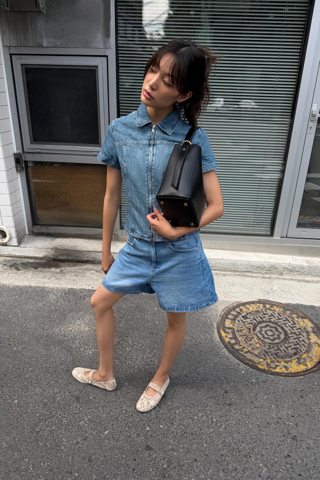 Джинсовая рубашка на молнии TRF + джинсовые шорты MOM FIT Z1975
