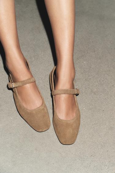 BALLERINES EN CROÛTE DE CUIR - Marron foncé de Zara