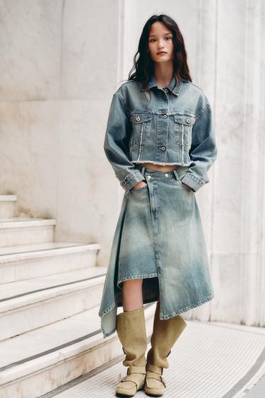 Zara TRF 交叉腰頭中長版牛仔裙 - 藍色