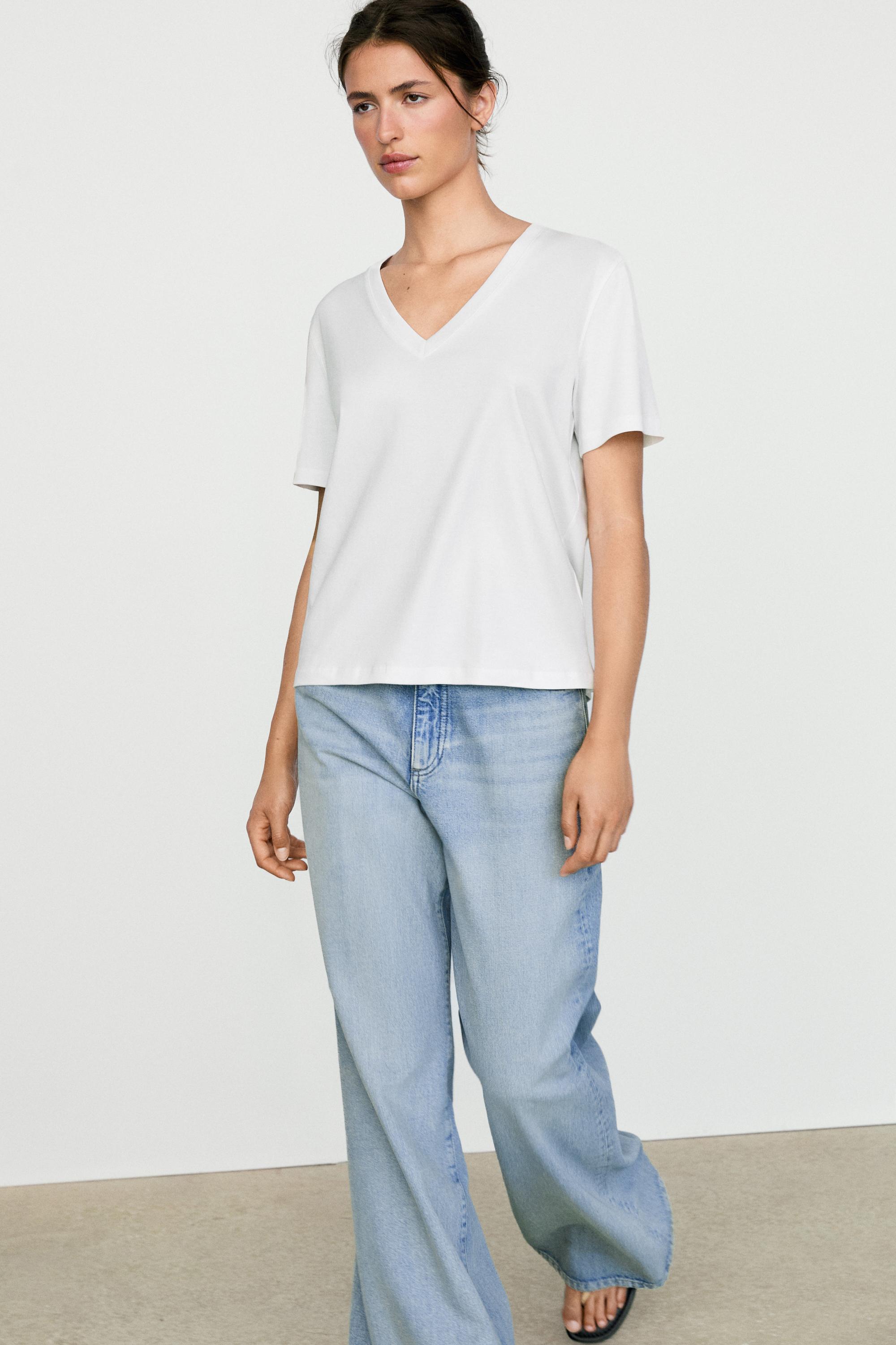 100% cotton interlock V-neck T-shirt — White