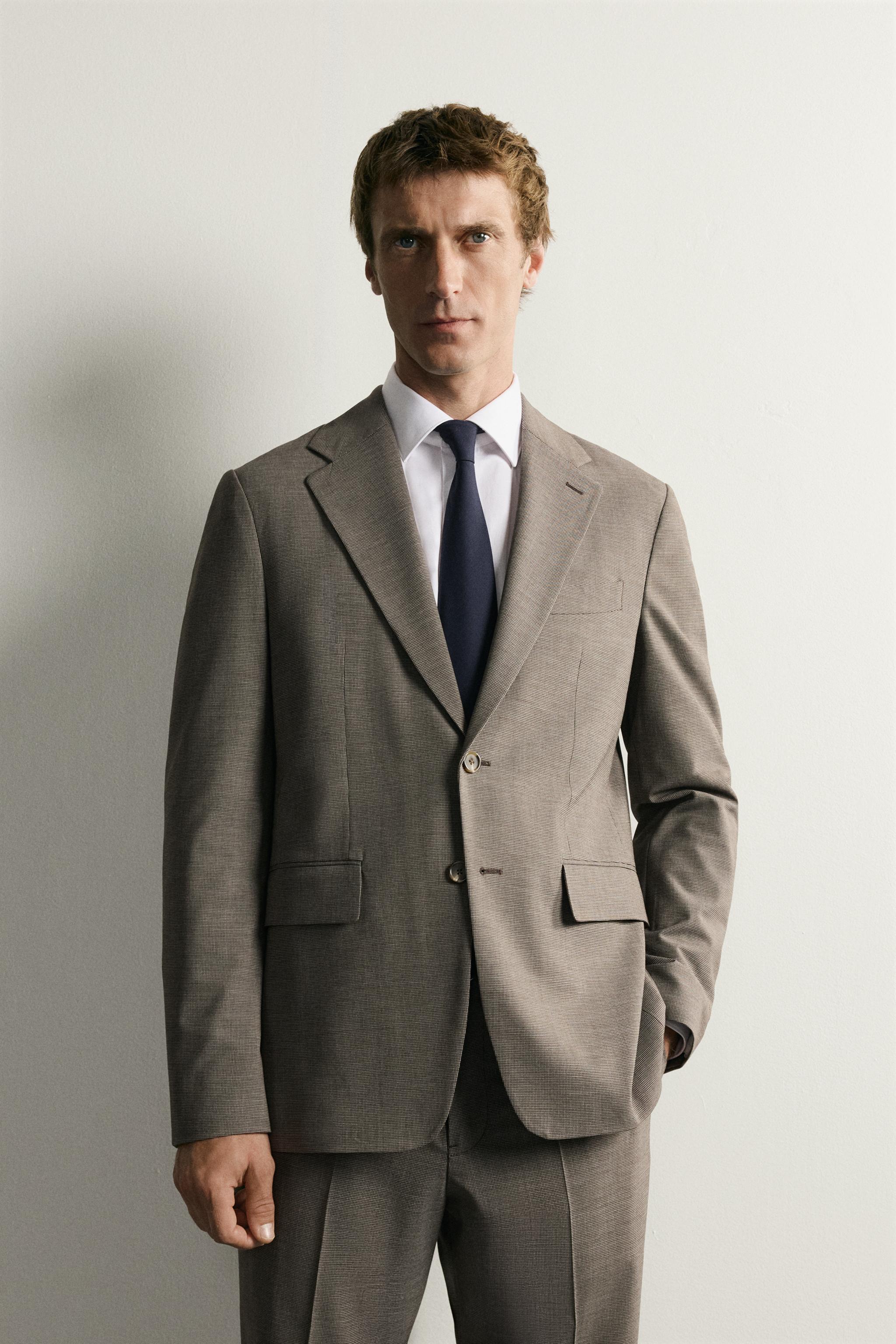 HOUNDSTOOTH REGULAR FIT SUIT BLAZER — Beige