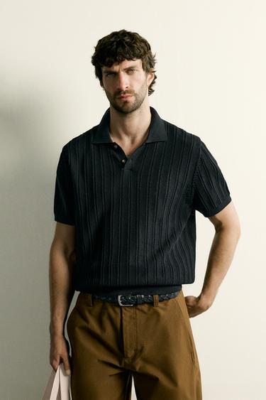 OPEN-KNIT TEXTURED POLO SHIRT - Black by Zara