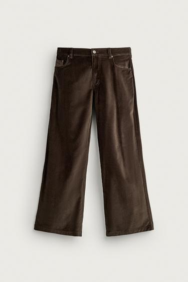 Zara STRAIGHT RELAXED-FIT VELVET PANTS - Khaki