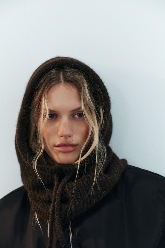Zara RIB KNIT HOODIE - Brown - Image 0