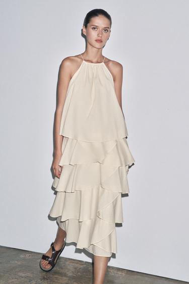 Zara ZW COLLECTION RUFFLED HALTER DRESS - Vanilla