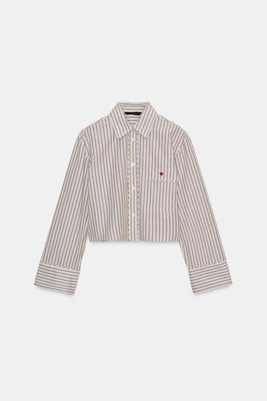 STRIPED POPLIN SHIRT WITH HEART - brown/white by Zara