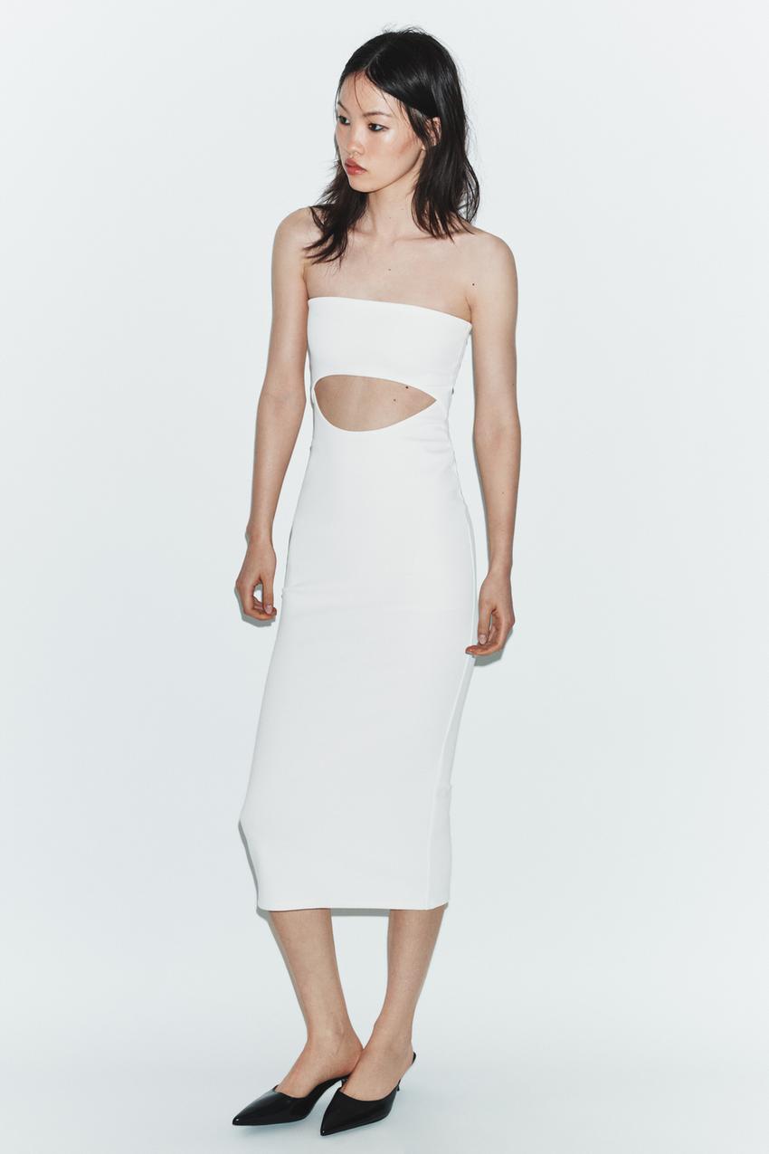 STRETCH KNIT CUT-OUT MIDI DRESS - White | ZARA United States STRETCH KNIT CUT-OUT MIDI DRESS - White | ZARA United States