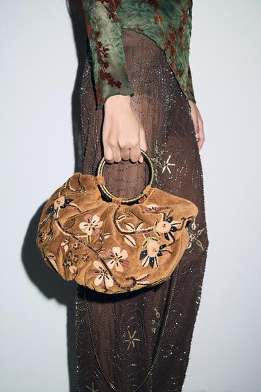 코듀로이 이펙트 자수 버킷백 - Zara 머스터드