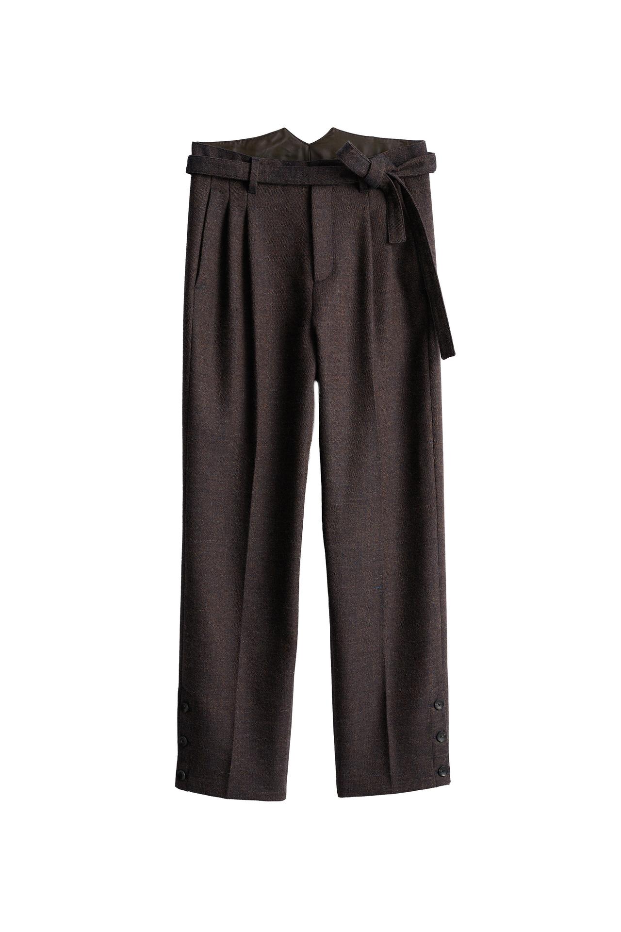 TEXTURED WOOL BLEND SUIT TROUSERS WITH BELT