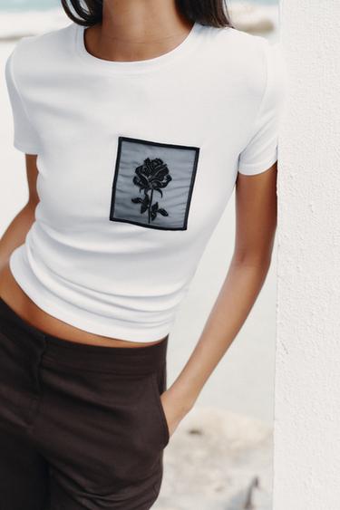T-SHIRT POCHE FLEUR - Blanc de Zara