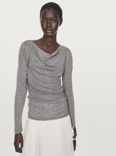 Zara Long sleeve T-shirt with draped neckline - Mink