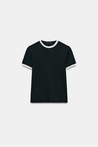 T-SHIRT MANCHES COURTES DENTELLE - Noir / Blanc de Zara - Image 5