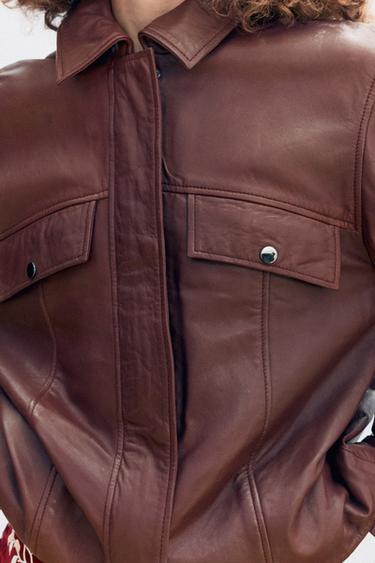 CAZADORA PIEL 100% BOLSILLOS - Ciruela de Zara