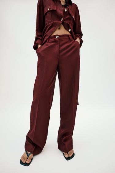 STRAIGHT-LEG LINEN BLEND TROUSERS - Burgundy by Zara