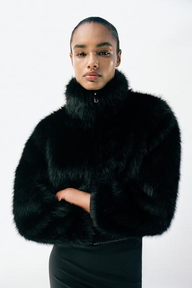 Zara FAUX FUR HIGH COLLAR BOMBER JACKET - Black - Image 0