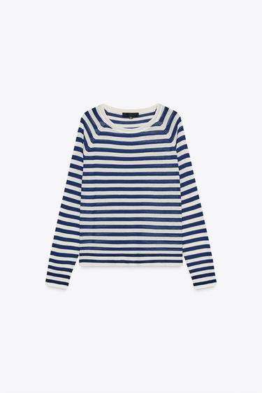 PULL EN JERSEY À RAYURES - Écru / Bleu de Zara