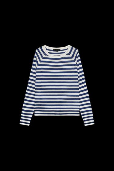 FINE KNIT STRIPED SWEATER - Ecru / Blue by Zara - Image 0