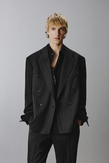 Zara DOUBLE BREASTED PINSTRIPE SUIT BLAZER - Black