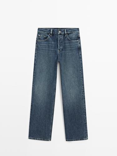 Zara Cotton blend high-waist straight-leg jeans - Mid-blue