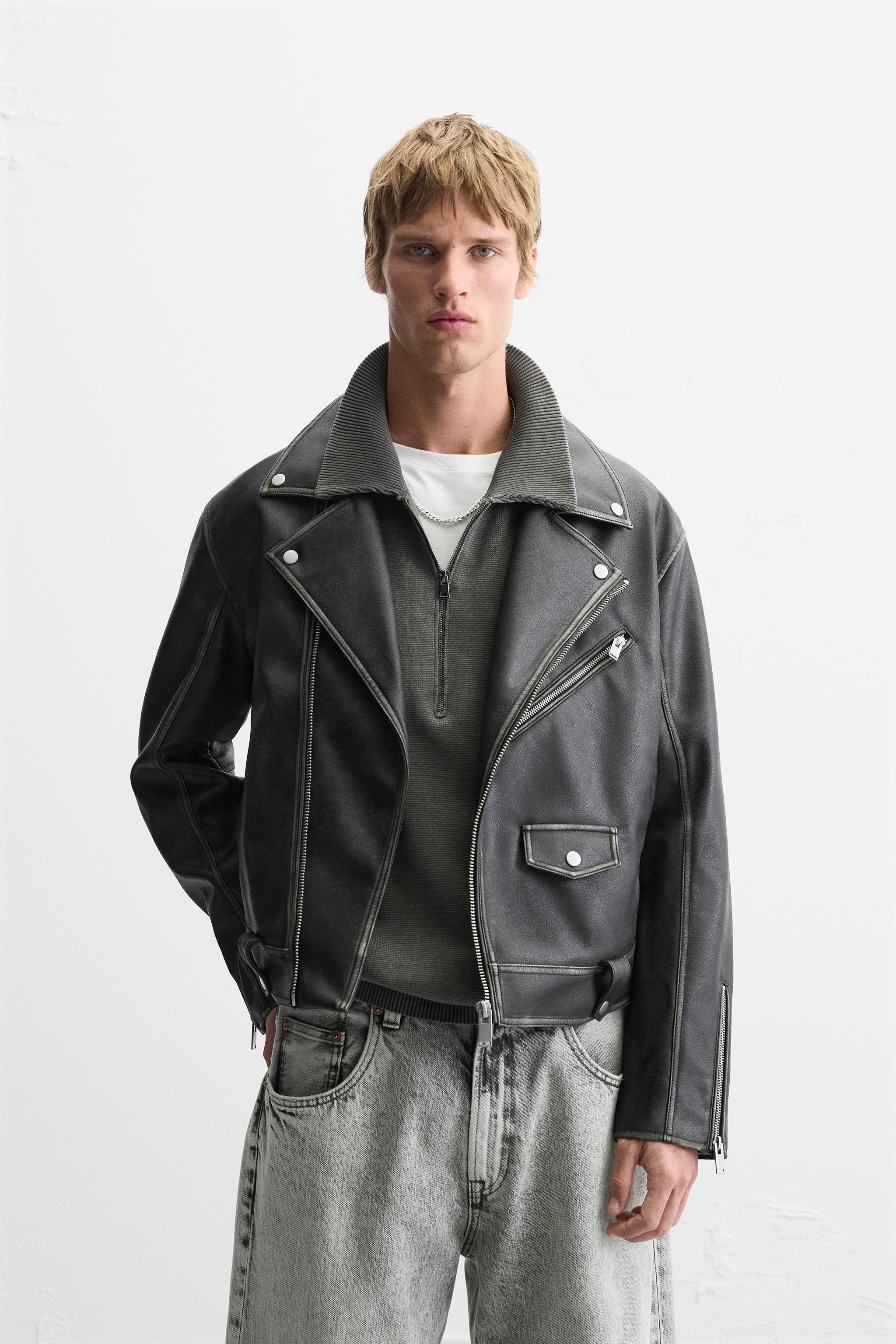 WASHED LEATHER EFFECT BIKER JACKET