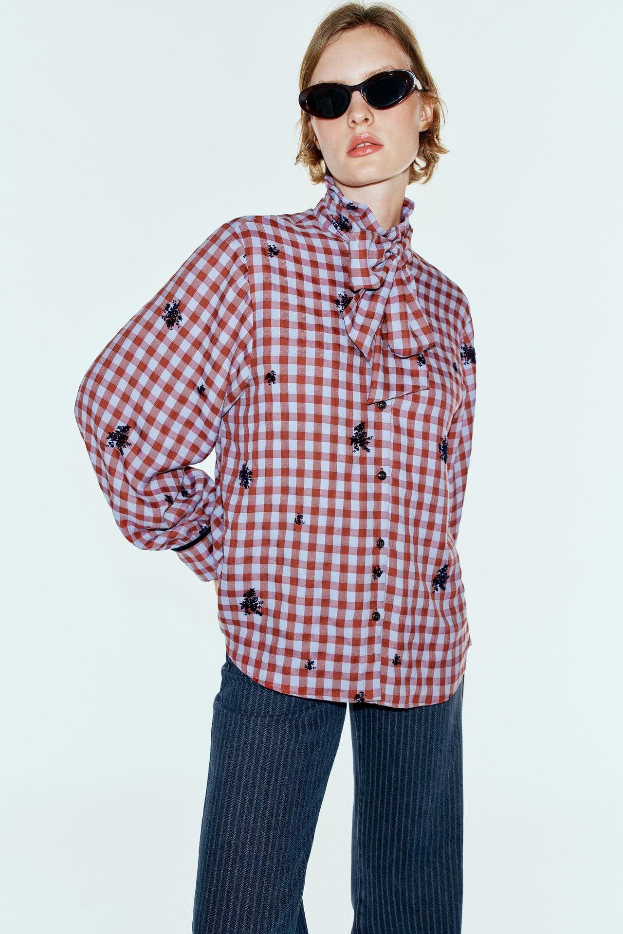 CHECK SHIRT WITH BOW AND VELVET DETAILS — Blue
