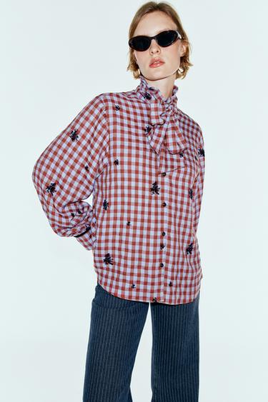 CHECK SHIRT WITH BOW AND VELVET DETAILS — Blue 2