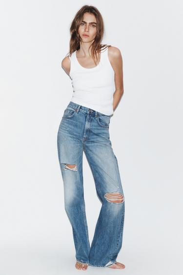 Zara TRF RIPPED HIGH WAIST WIDE LEG JEANS - Blue