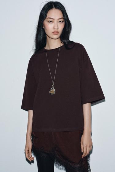 COMBINED LACE T-SHIRT - Chocolate by Zara