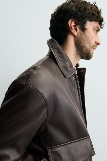 RELAXED FIT LEATHER JACKET - Brown by Zara - Image 4