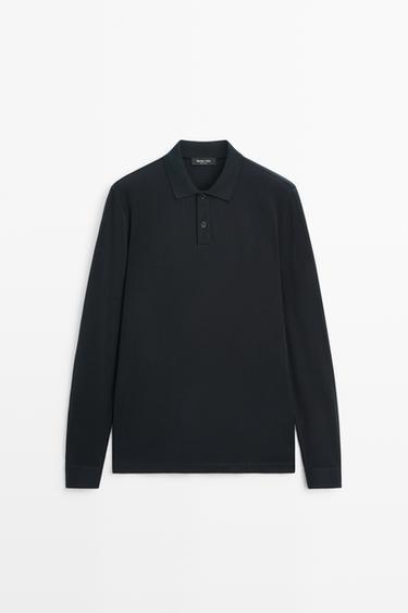 Zara 100% cotton micro-textured knit polo shirt - Navy blue