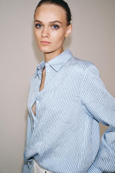 Zara ZW COLLECTION STRIPED SHIRT WITH TIES - Blue / White