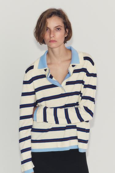 STRIPED COLORBLOCK KNIT POLO — Ecru / Blue 1