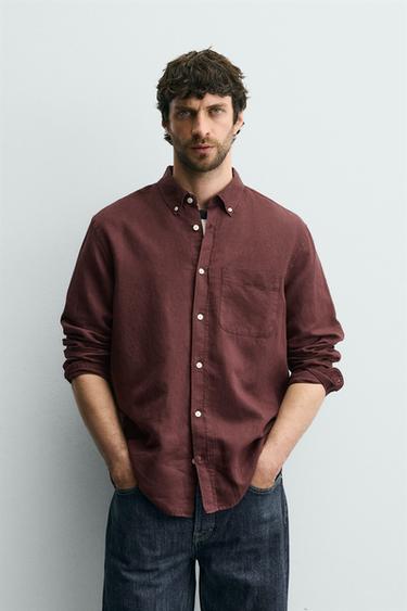 LINEN - COTTON SHIRT - Burgundy by Zara