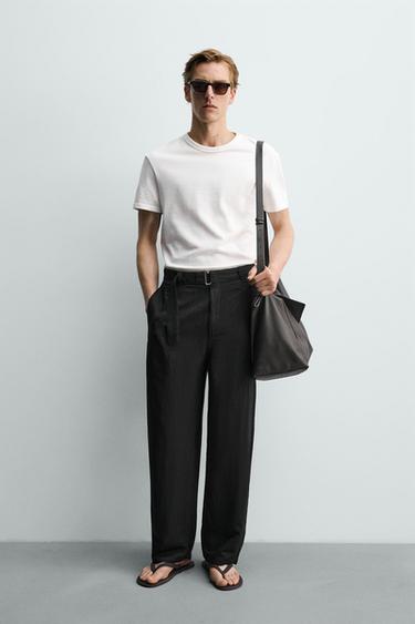 Zara 繫腰帶人造絲亞麻混紡休閒長褲 - 黑色