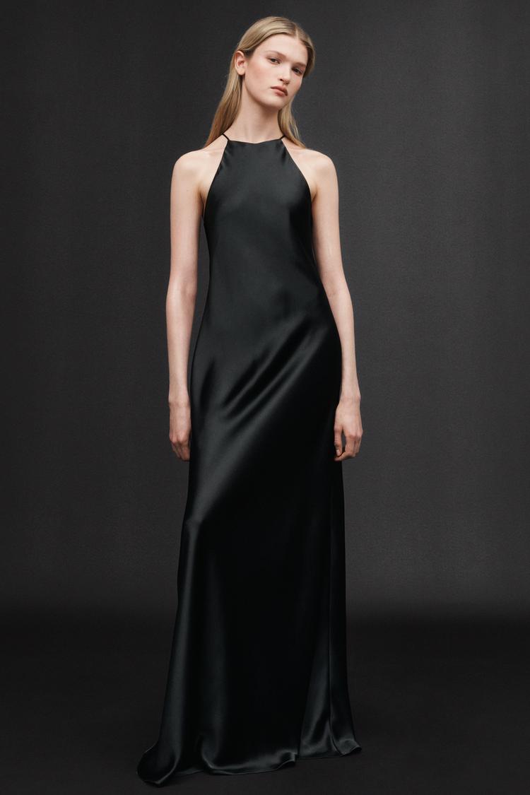 Vestido Satinado Vestido Negro Escote Halter Vestido Negro Vestido