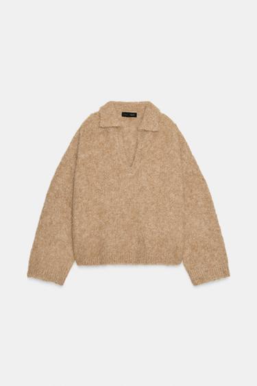 PULL POLO EN MAILLE EFFET BROSSÉ - Marron clair de Zara - Image 5