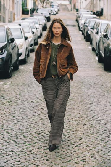 Zara STRAIGHT-LEG PLAID BELTED PANTS - Brown / Ecru