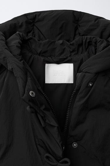 MANTEAU À BOUTONNAGE CROISÉ AVEC CAPUCHE ET LACETS - Noir de Zara - Image 7
