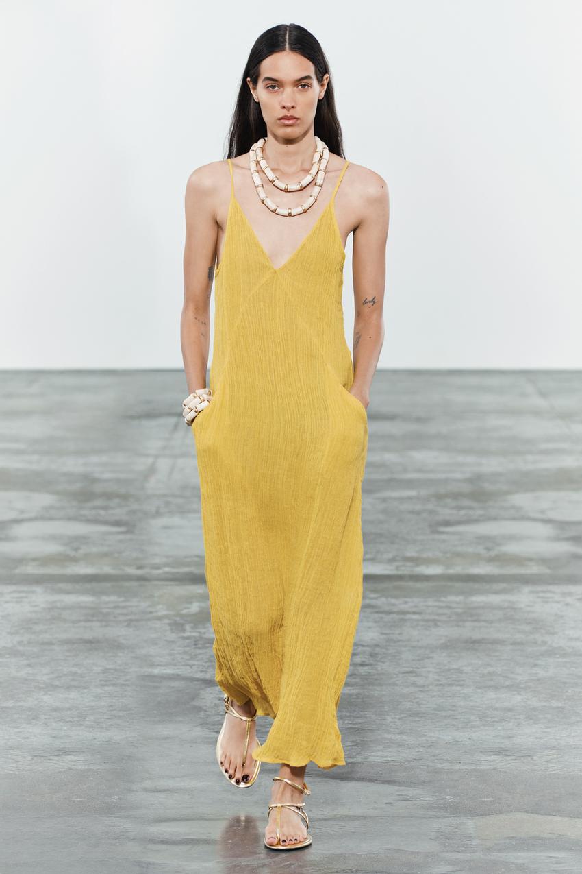 ZW COLLECTION リネン ミディワンピース - イエロー | ZARA Japan / 日本