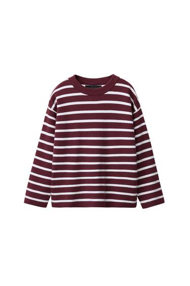 Zara STRIPED KNIT T-SHIRT - Bordeaux / Ecru - Image 0