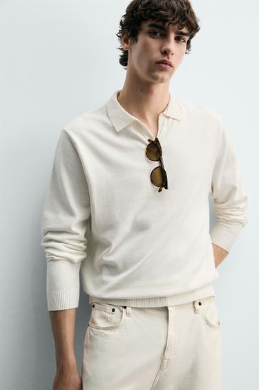 POLO EN MAILLE DE COTON ET LIN - Écru de Zara - Image 6