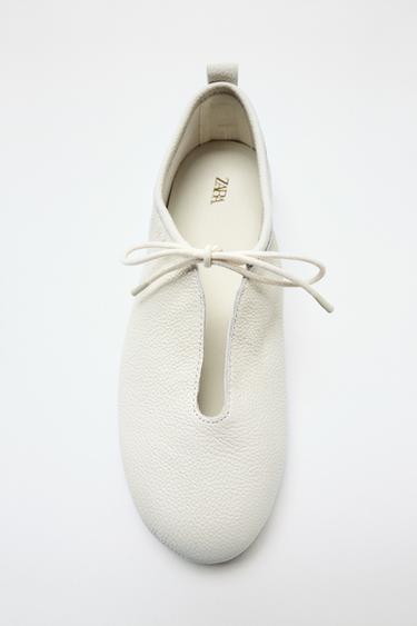 LEATHER LACE-UP FLAT SHOES - Ecru White by Zara