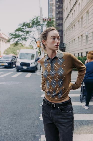 DIAMOND KNIT POLO SWEATER - Light brown by Zara