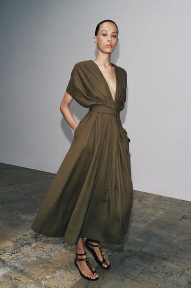 Zara ZW COLLECTION 打褶中長版洋裝 - 深卡其色 - 圖片 0