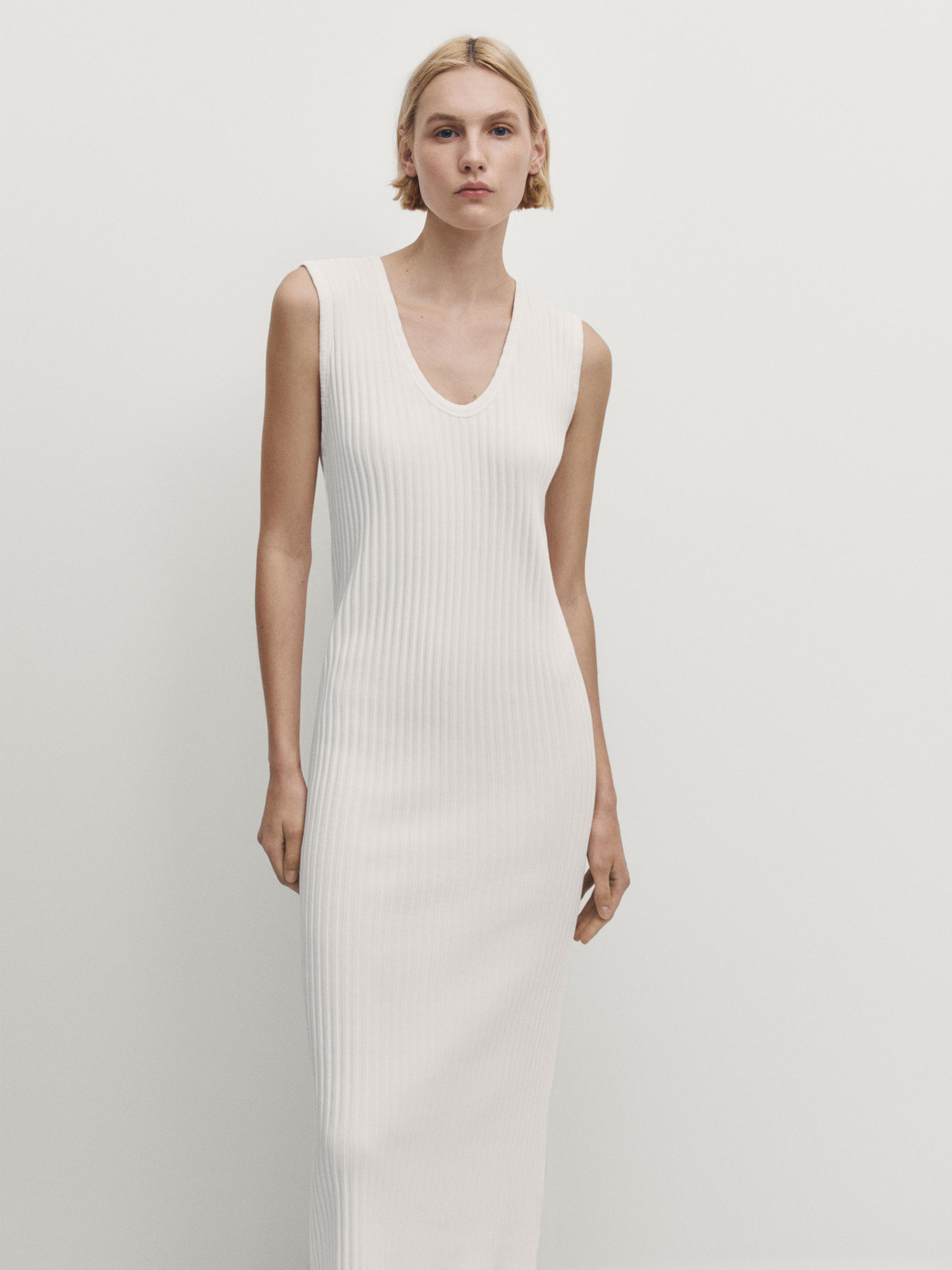 Ribbed midi dress with neckline - Oyster-white | ZARA Canada